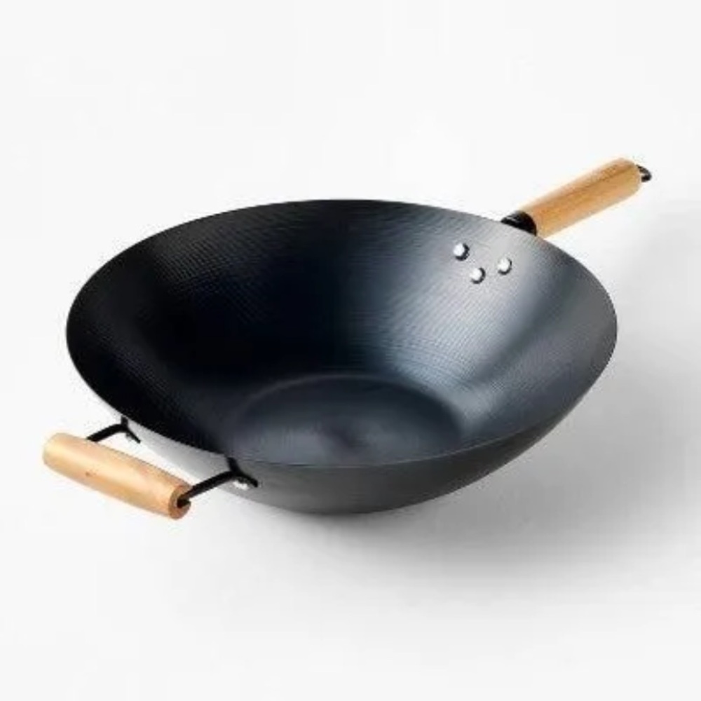 NEW Figmint Carbon Steel Dark Gray Wok Wooden Handles. 13.5 6 QT capacity